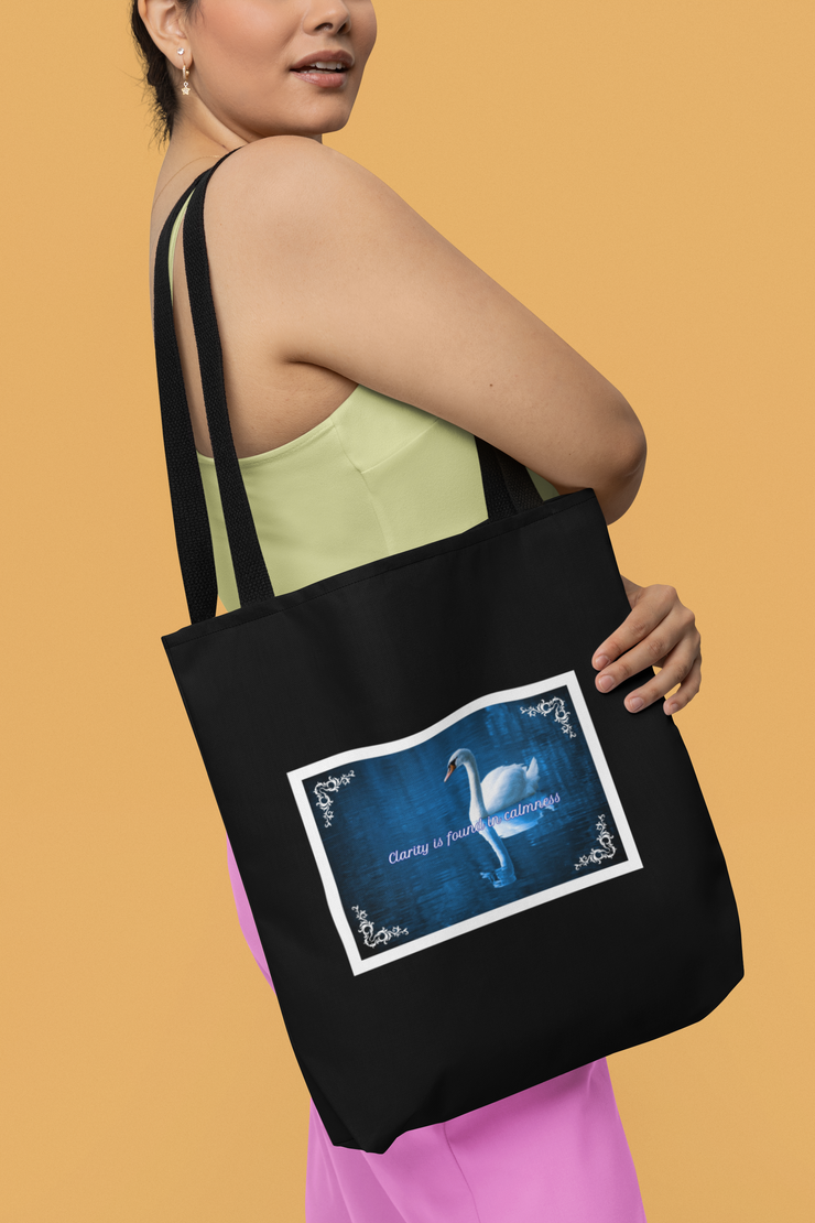 Black Tote Bag| Clarity is found in calmness| Swan Shoulder Bag| grocery bag| inspirational quote