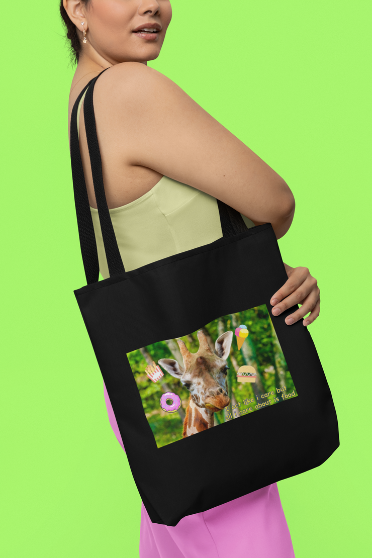 Black Tote bag| I look like i care but all i care about is food| funny giraffe tote bag