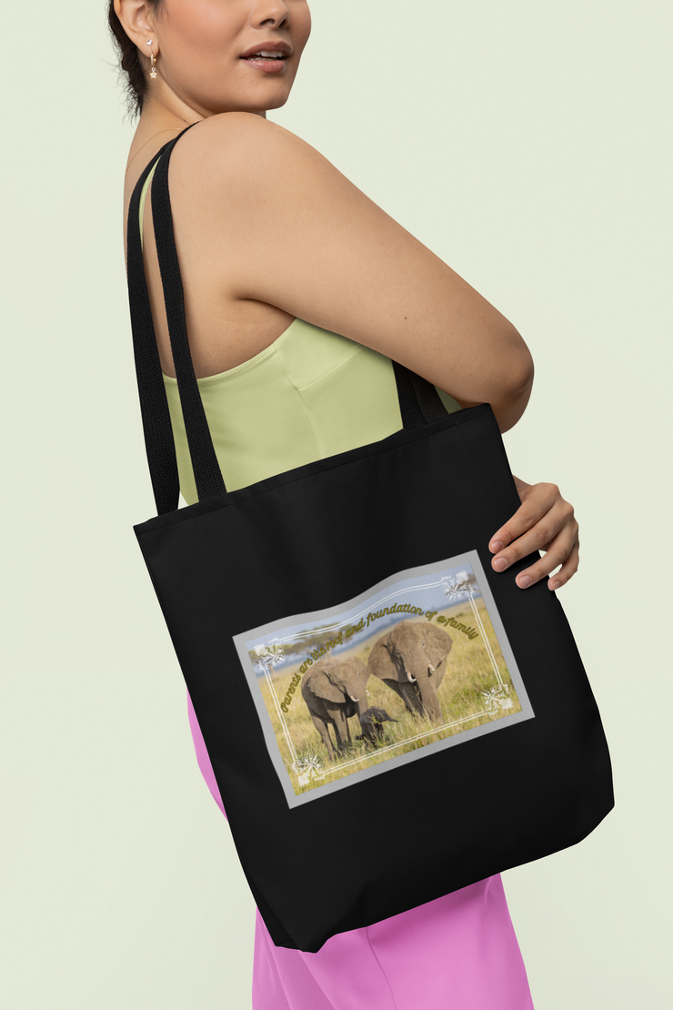 Black Tote bag| Parents are the foundation and roof of a family| elephant family tote bag