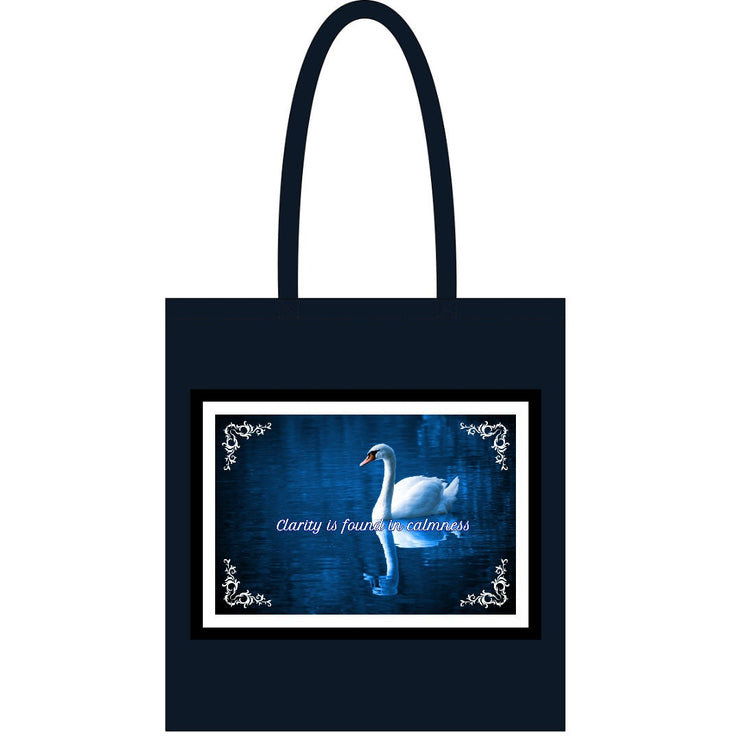 Black Tote Bag| Clarity is found in calmness| Swan Shoulder Bag| grocery bag| inspirational quote