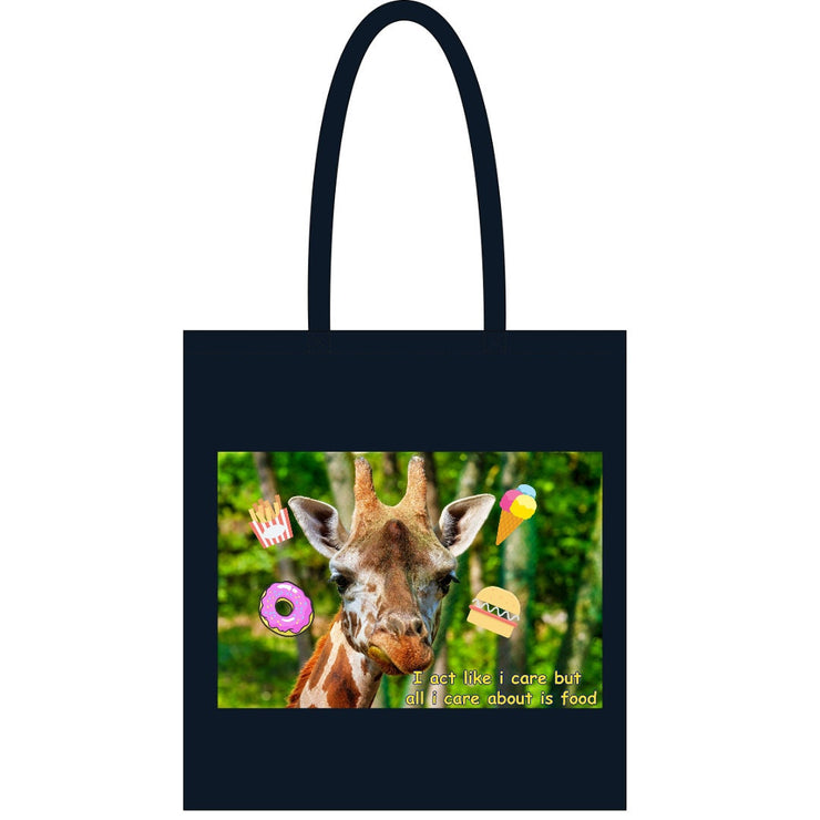 Black Tote bag| I look like i care but all i care about is food| funny giraffe tote bag